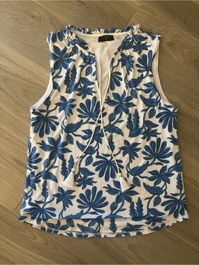 Tahari White Sleeveless Camisole with Blue Floral Print and Tassel Tie